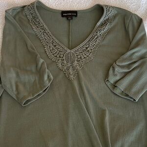 Fortune + Ivy Olive Green Crochet V-Neck Knot Front Tunic